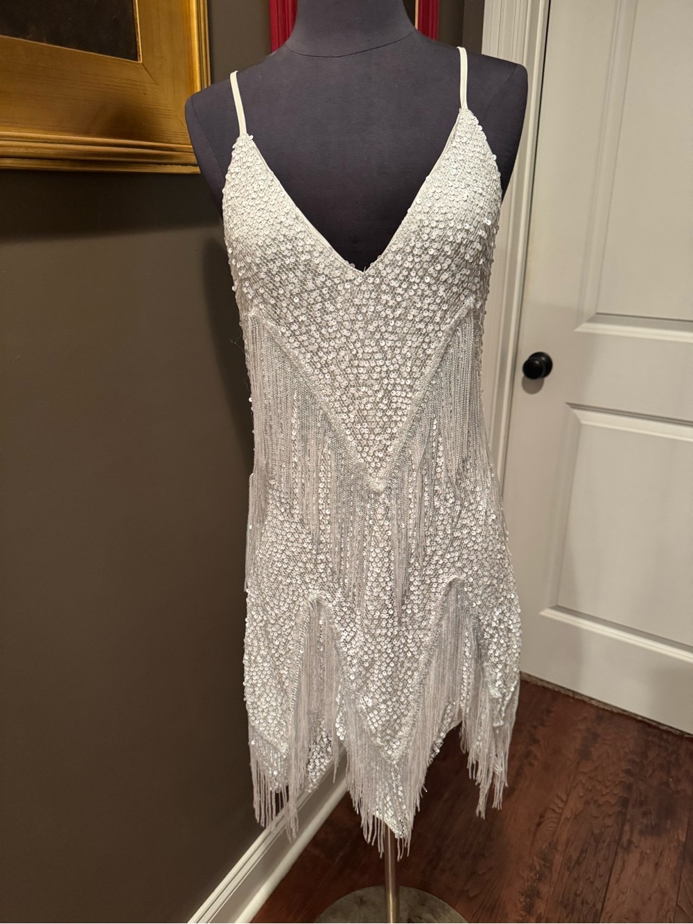 White Beaded Fringe V-Neck Mini Dress